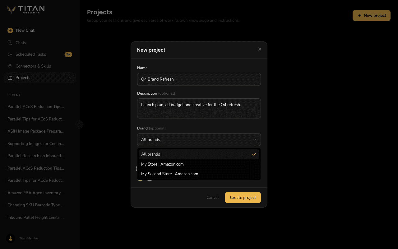 The New project popup with a name and description typed in, and the Brand list open on All brands and two stores. Arrows point to New project, Name, Brand and Create project.