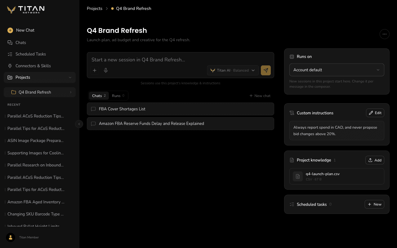 A project's page: the message box and the project's chats on the left, and its Custom instructions, Project knowledge and Scheduled tasks cards on the right. Arrows point to each card, and its Edit, Add and New buttons are ringed.