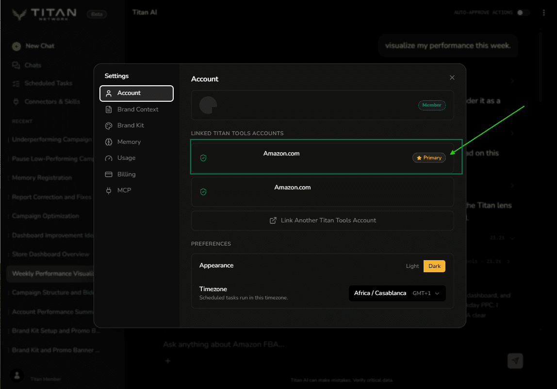 The Account tab in Settings, listing two linked Titan Tools accounts, one carrying a Primary badge, above a Link Another Titan Tools Account button.