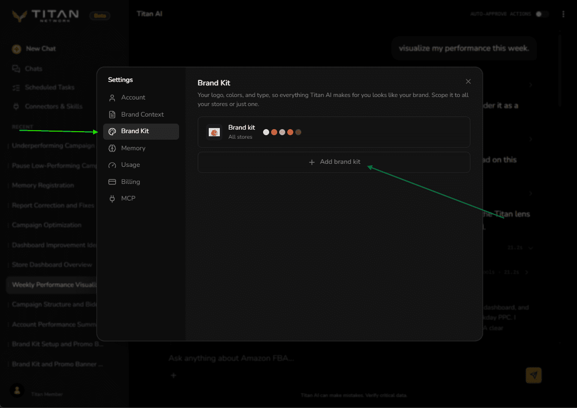 The Settings dialog with Brand Kit selected in the left column, listing one existing brand kit scoped to All stores, above an Add brand kit button.
