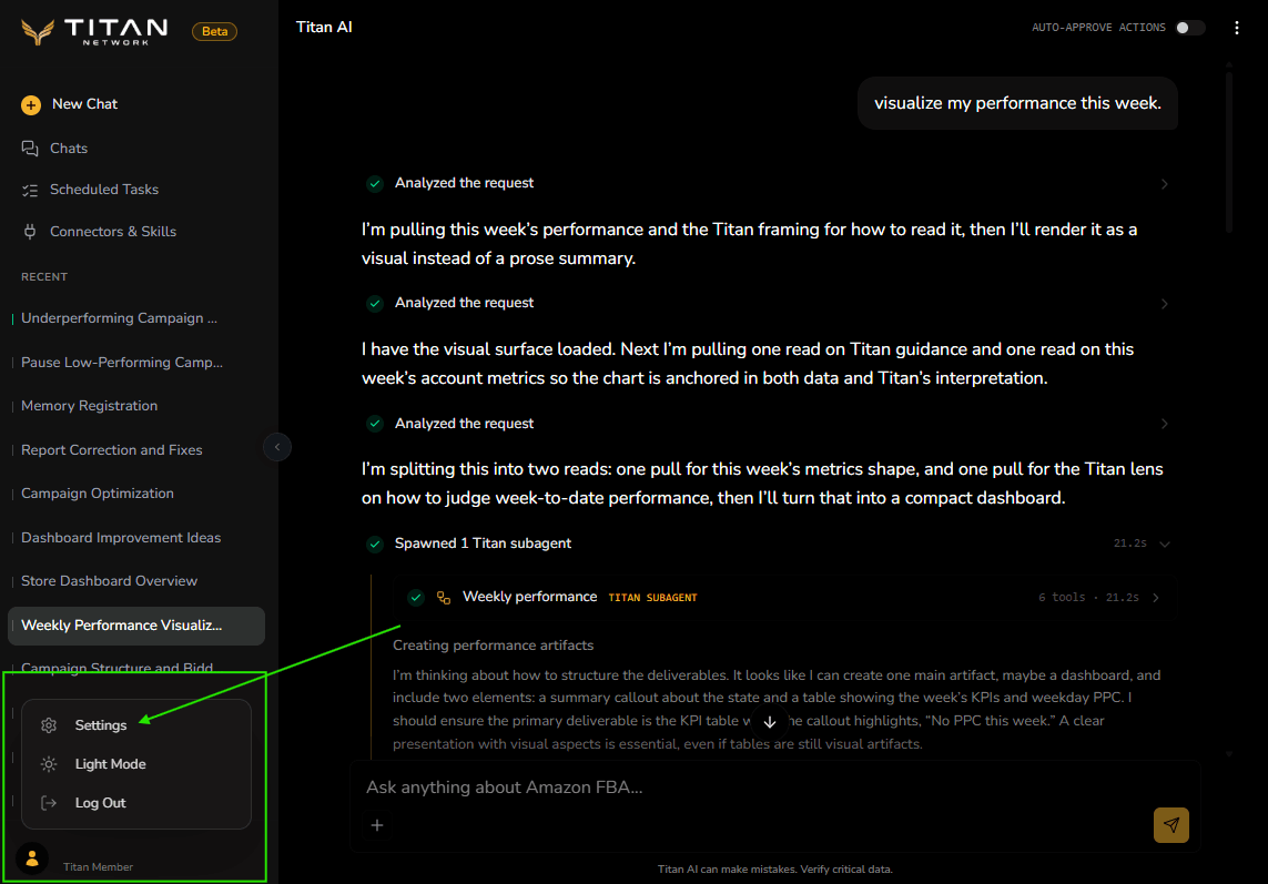 The account menu at the bottom left of the app, open, with Settings highlighted.