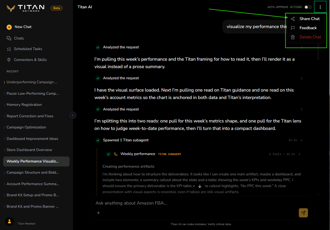 The chat menu open at the top right of a conversation, showing Share Chat, Feedback and Delete Chat.