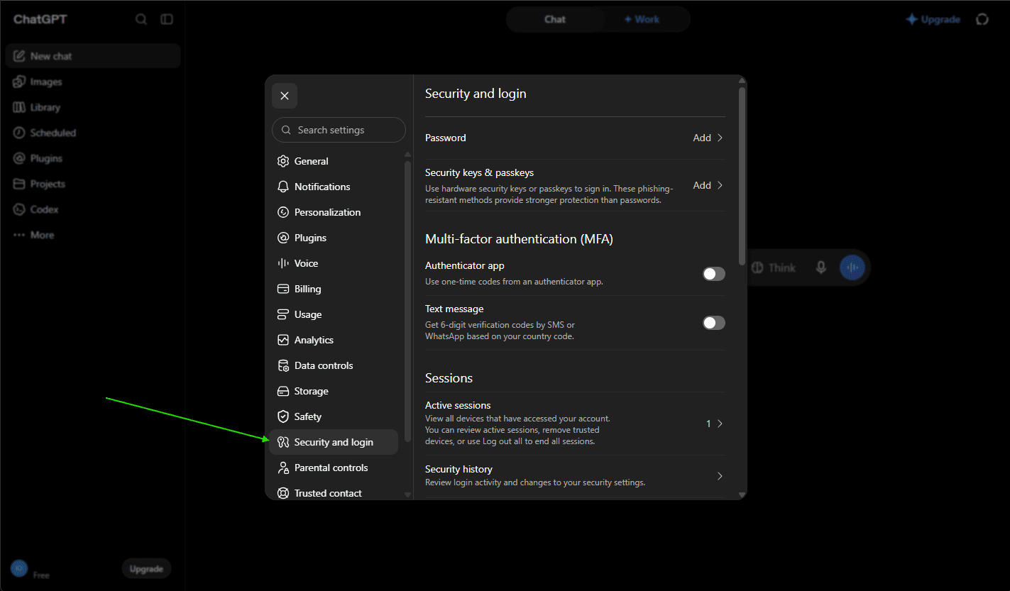 ChatGPT Settings with an arrow on Security and login in the list on the left.