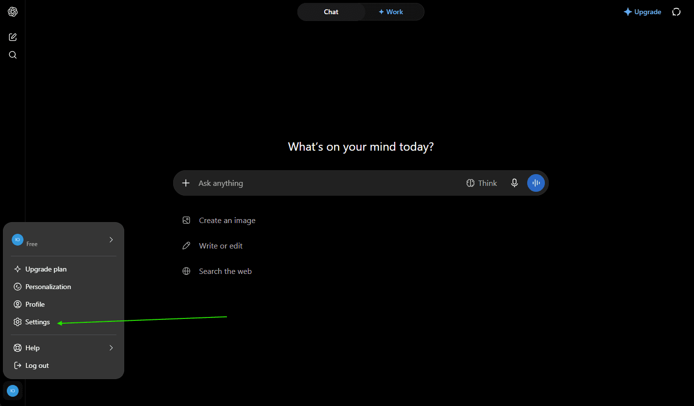 ChatGPT with the profile menu open at the bottom left and an arrow on Settings.