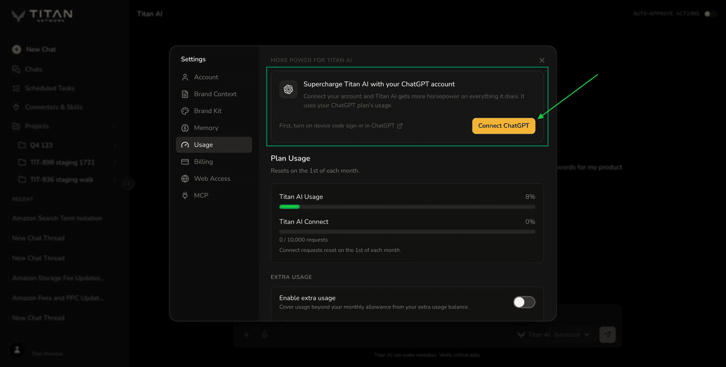Settings, Usage tab, with the More power for Titan AI card framed: Supercharge Titan AI with your ChatGPT account, and an arrow on the Connect ChatGPT button.