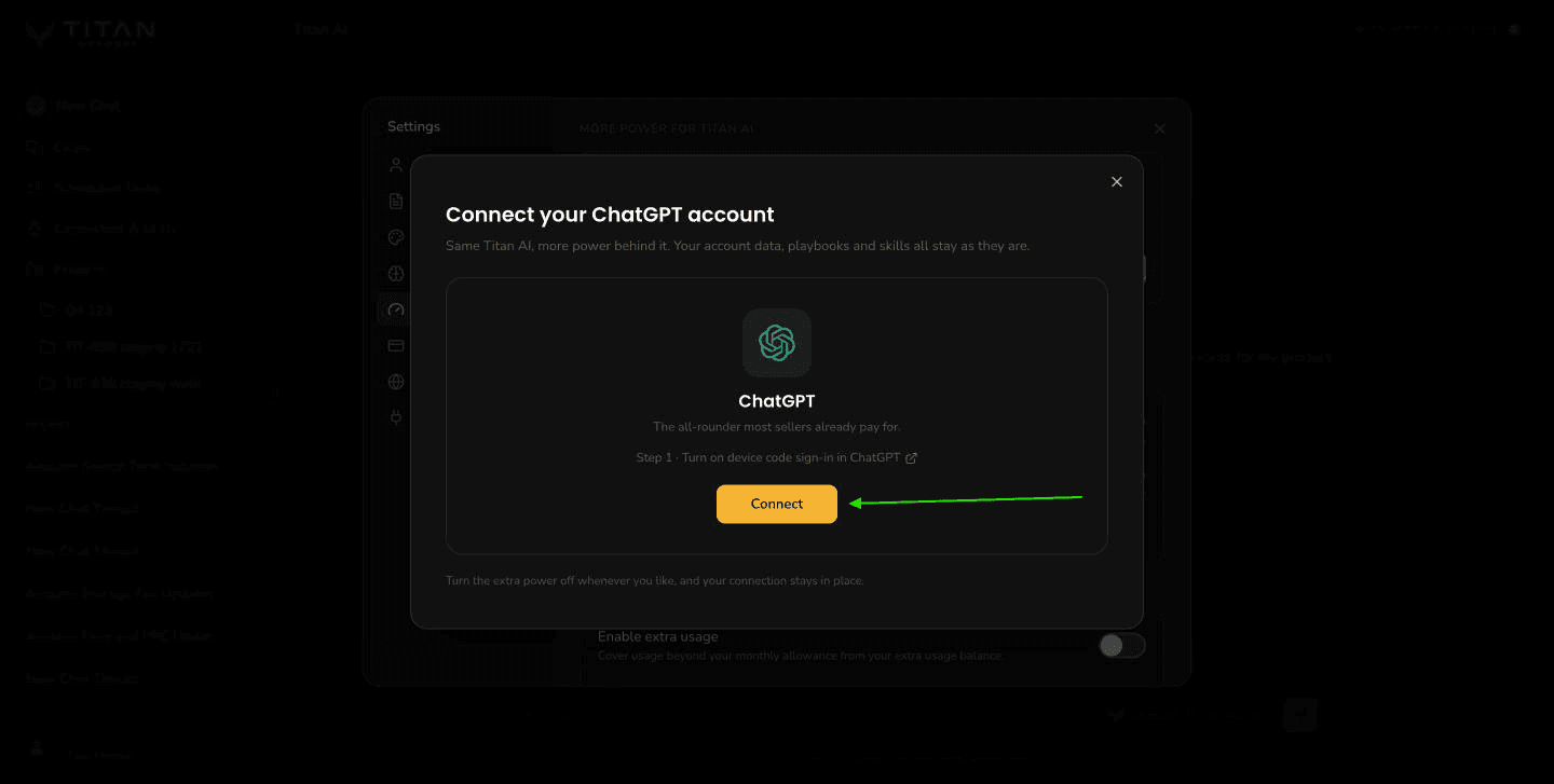 The Connect your ChatGPT account window with the ChatGPT card and an arrow on the Connect button.