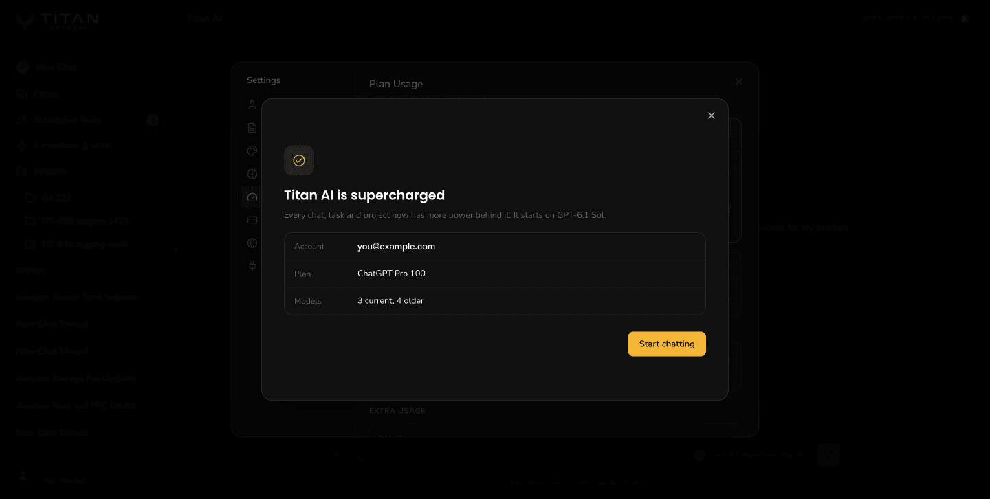 Titan AI is supercharged, with Account, Plan and Models rows and a Start chatting button.