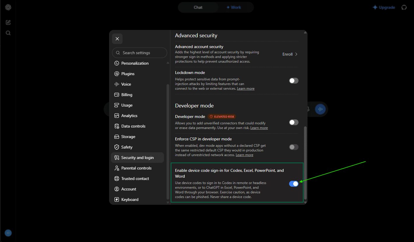 ChatGPT's Security and login settings with Enable device code sign-in for Codex, Excel, PowerPoint, and Word switched on.