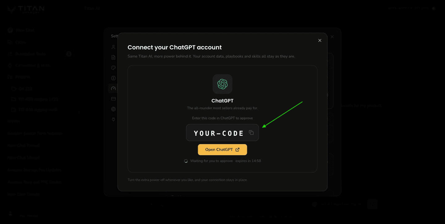 The ChatGPT card with an arrow on the code box showing the placeholder YOUR-CODE, an Open ChatGPT button and an expiry countdown.