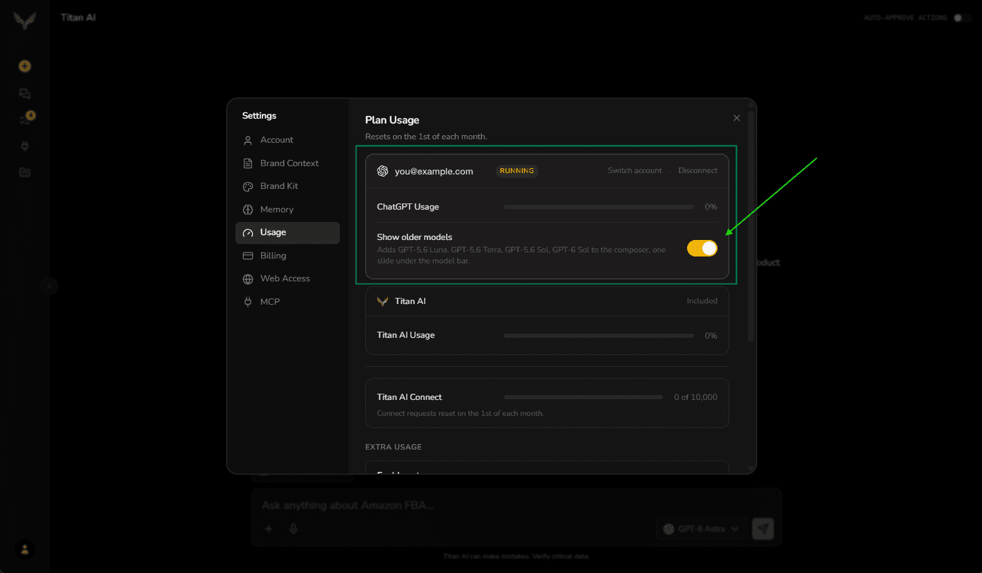 Settings, Usage tab, with the ChatGPT card's Show older models switch turned on.