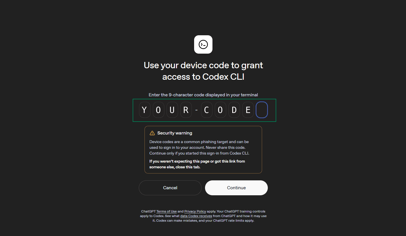 OpenAI's Use your device code to grant access to Codex CLI page with the placeholder YOUR-CODE typed into the code boxes and a Continue button.