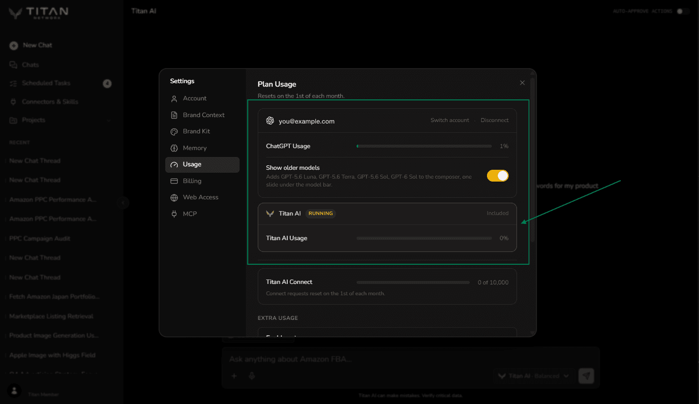 Settings, Usage tab, with the Titan AI card marked Running and the ChatGPT card still connected above it.