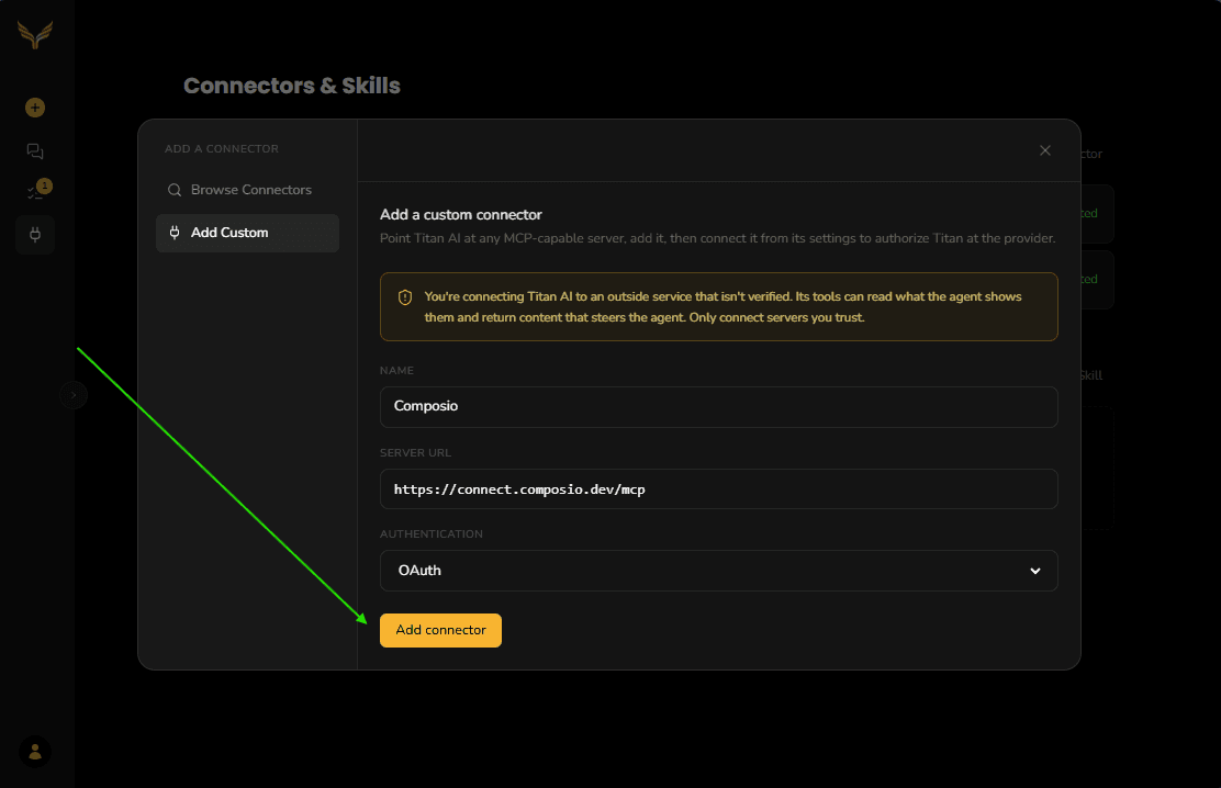 The Add a custom connector form with Composio's name, server URL and OAuth authentication already filled in.