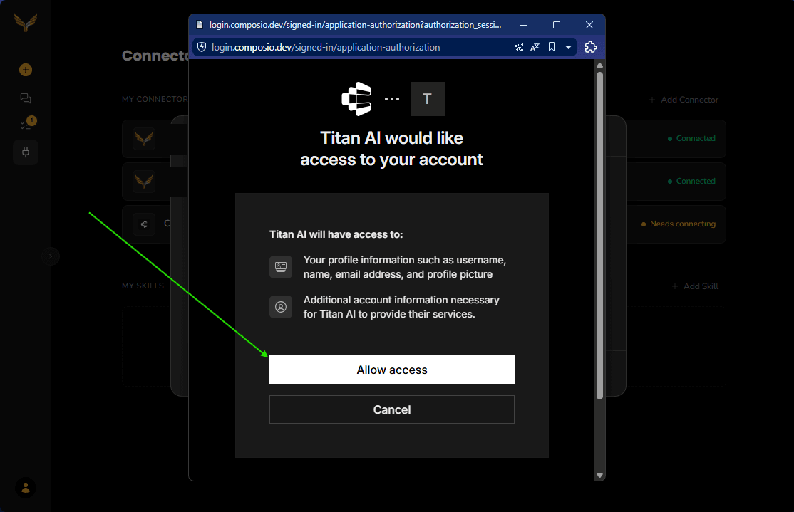 Composio's authorisation page asking to allow Titan AI access to the account.