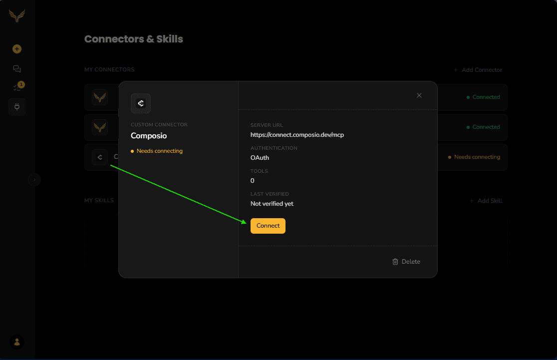 The Composio connector open, showing Needs connecting, no tools, Not verified yet, and a Connect button.