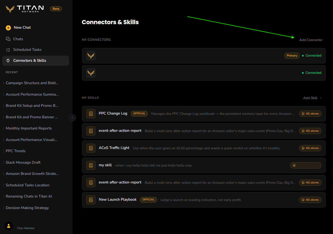 The Connectors and Skills page with the Add Connector link highlighted.