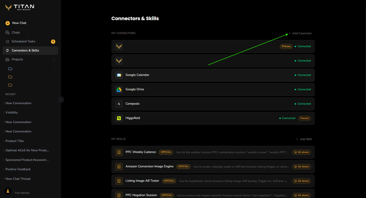 The Connectors & Skills page with an arrow pointing at Add Connector, above the My Connectors list.