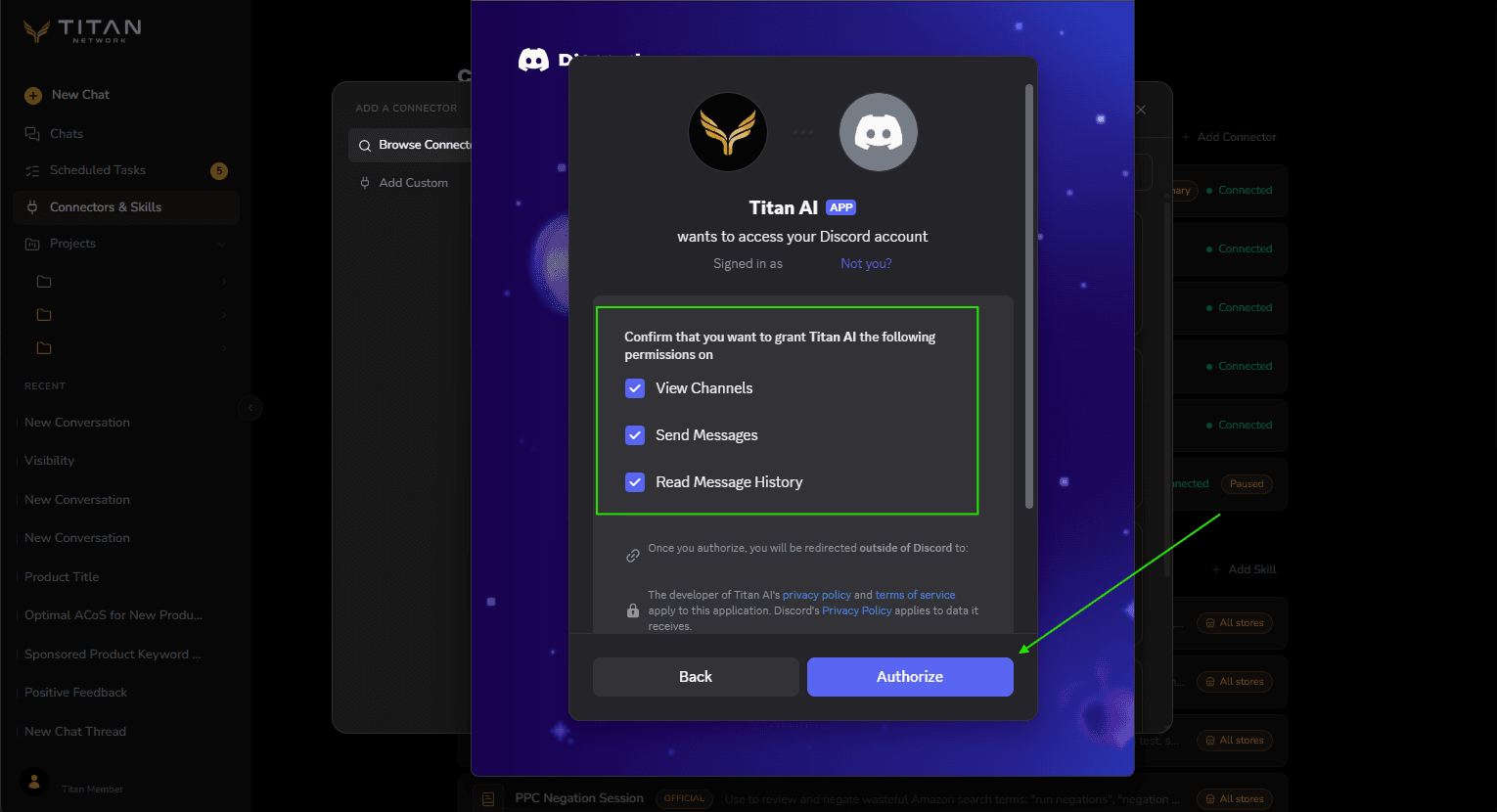 Discord's permission screen with View Channels, Send Messages and Read Message History ticked, and an arrow pointing at Authorize.