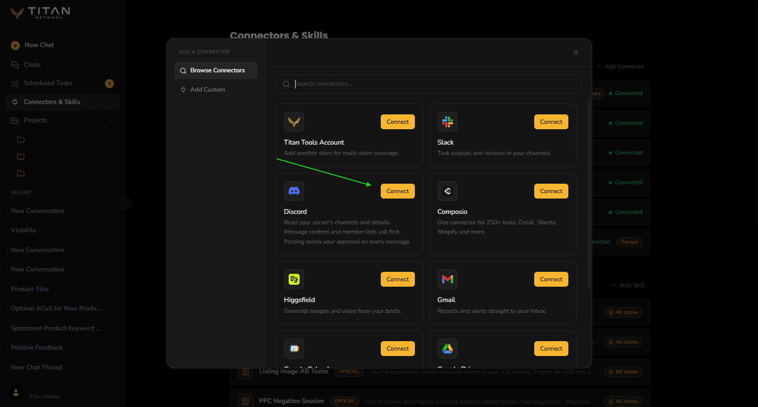 The Browse Connectors catalogue with an arrow pointing at the Connect button on the Discord entry. Gmail, Google Calendar and Google Drive also show Connect in this capture.