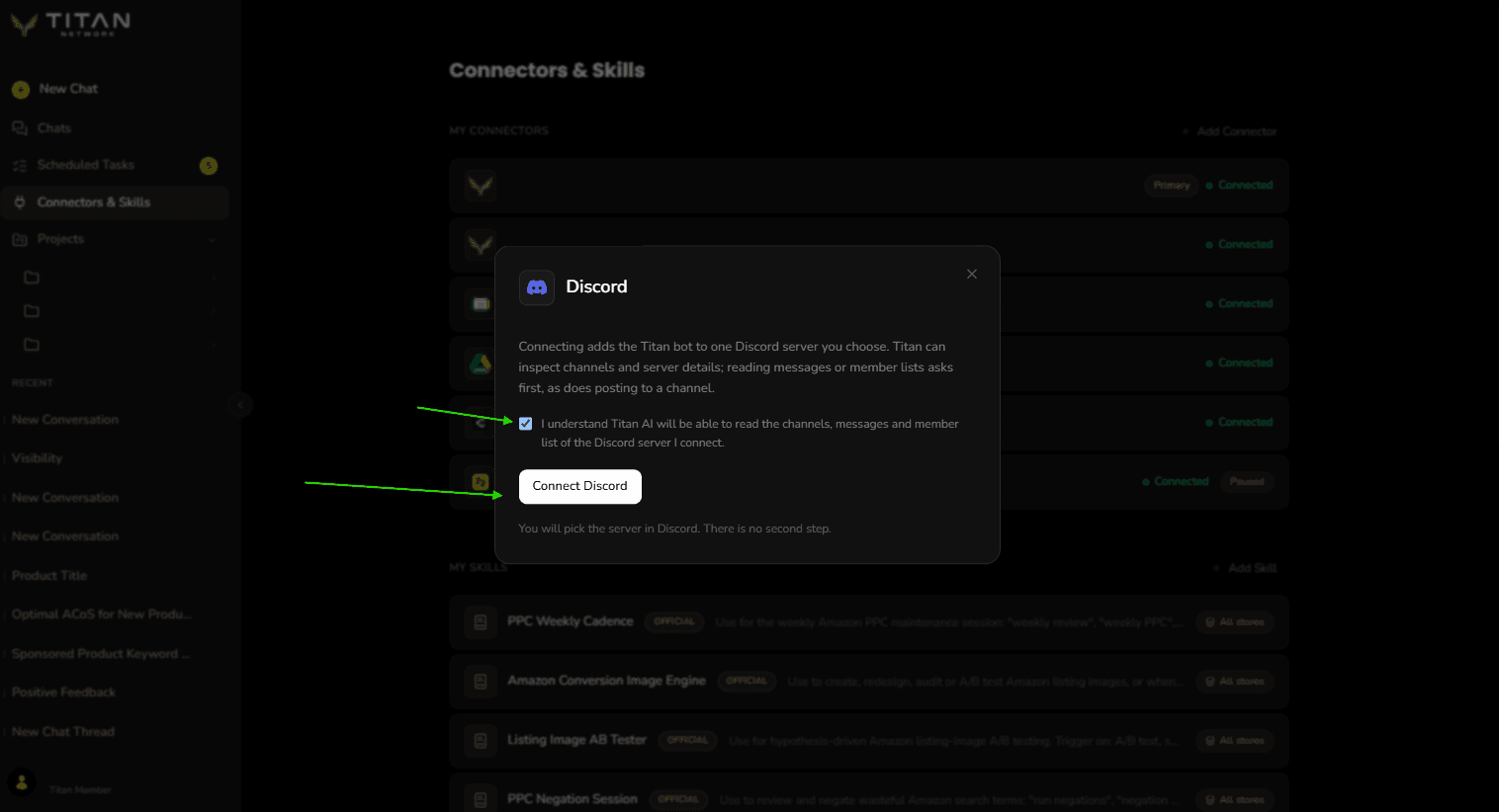 The Discord panel with its consent box ticked and arrows pointing at the box and the Connect Discord button.