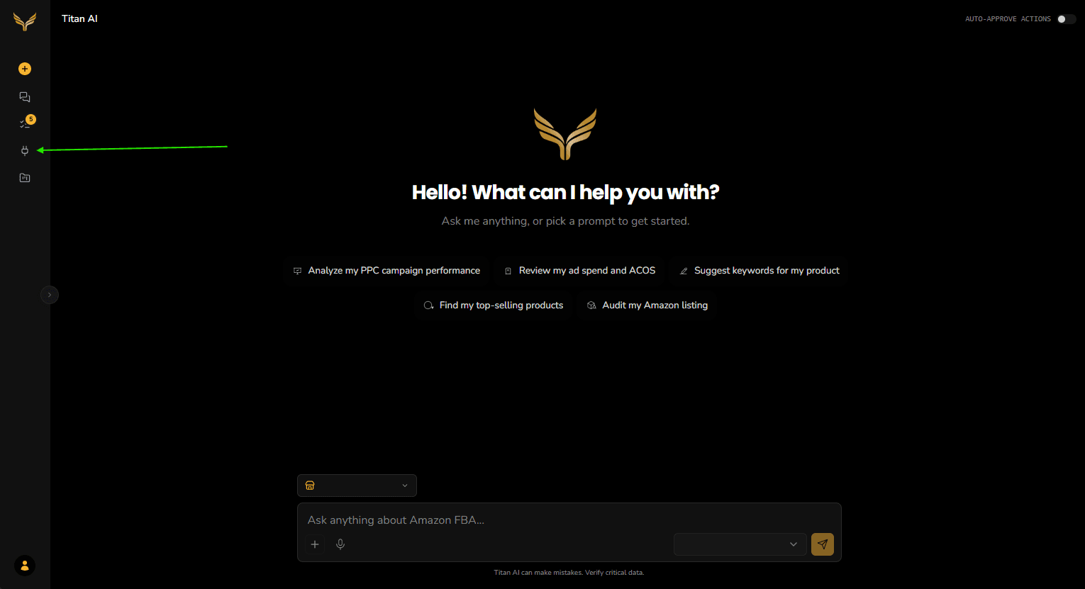 The Titan AI chat home with an arrow pointing at the Connectors & Skills icon in the sidebar.