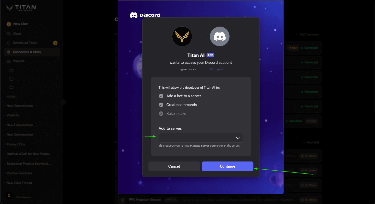 Discord's own screen for adding the Titan AI app, with arrows pointing at the Add to server picker and the Continue button.