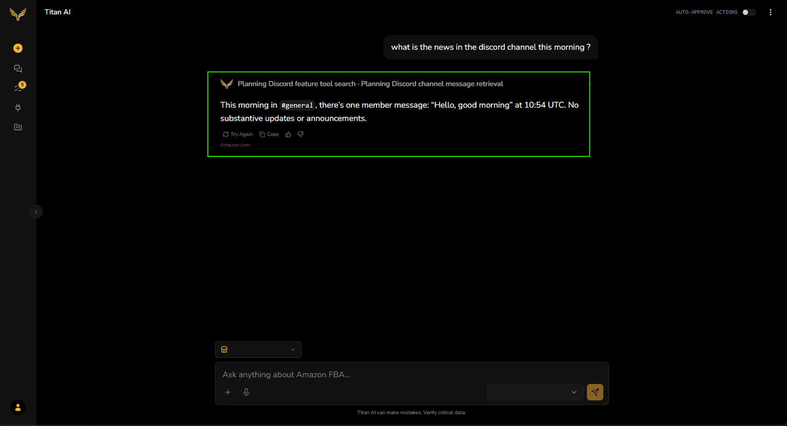Titan AI's answer summarising the one message posted in #general that morning.