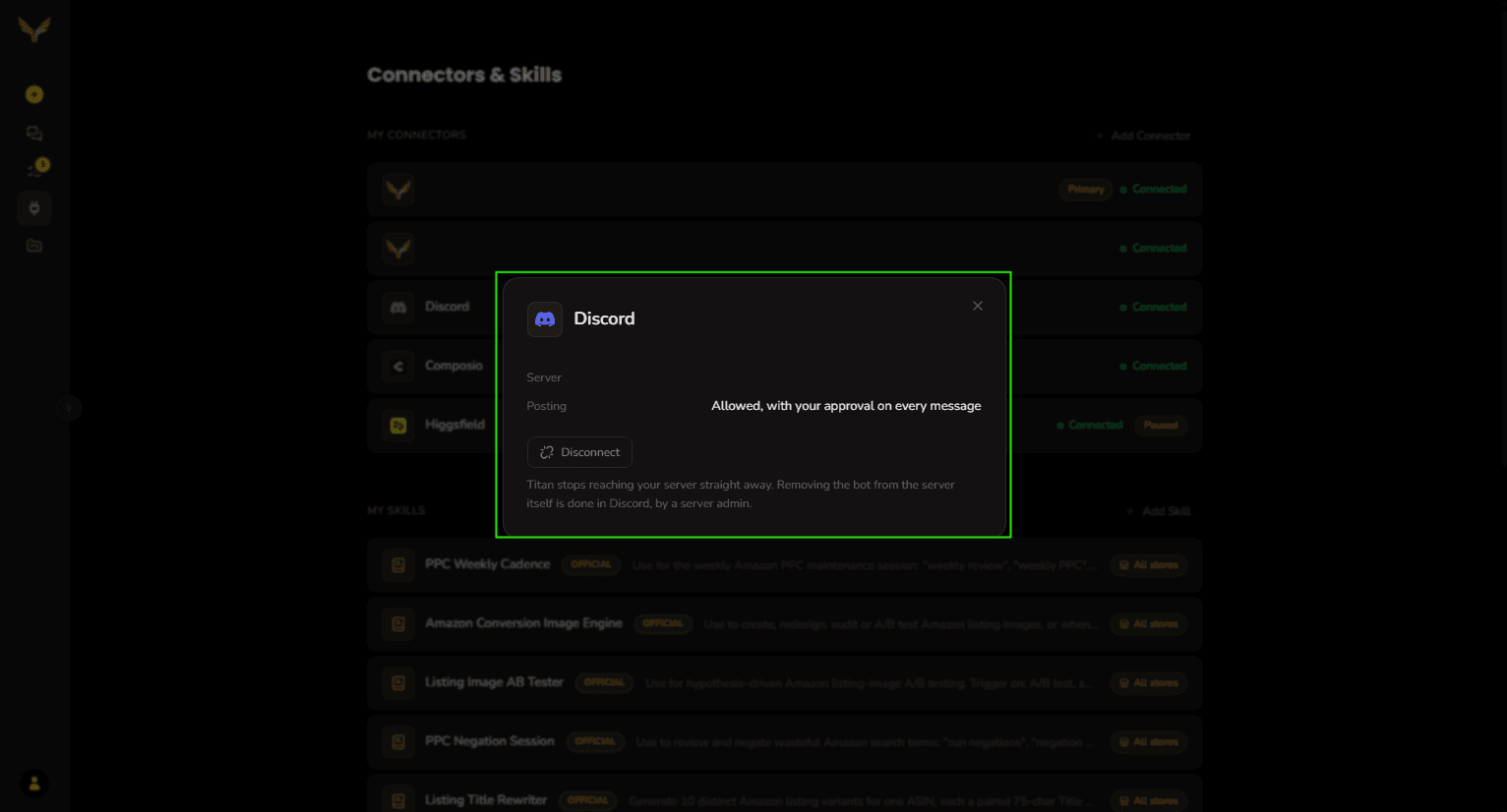 The Discord panel opened from My Connectors, showing the Server and Posting rows and a Disconnect button.