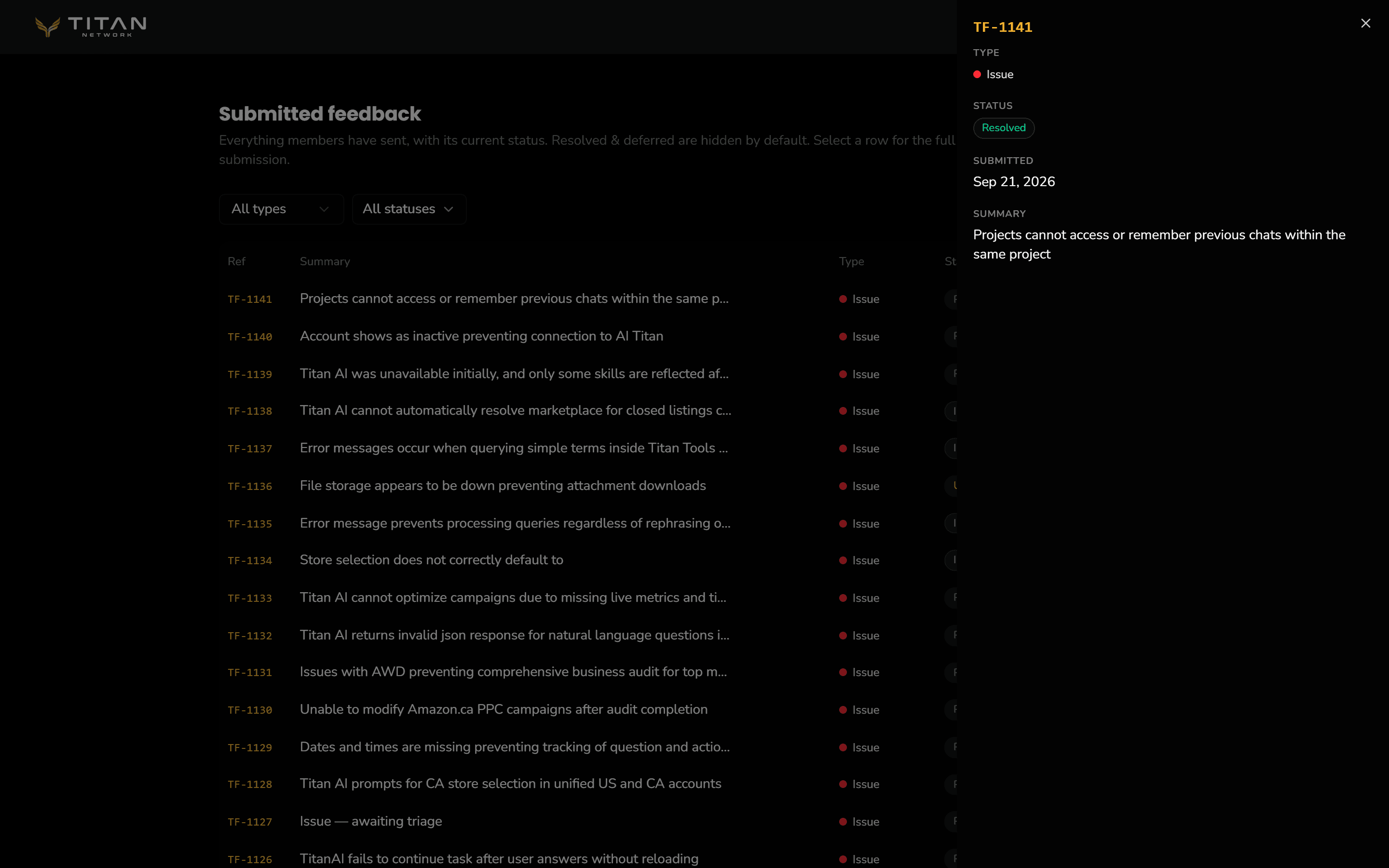 A resolved item open on the Feedback page, showing its Type, Status, Submitted date and Summary.