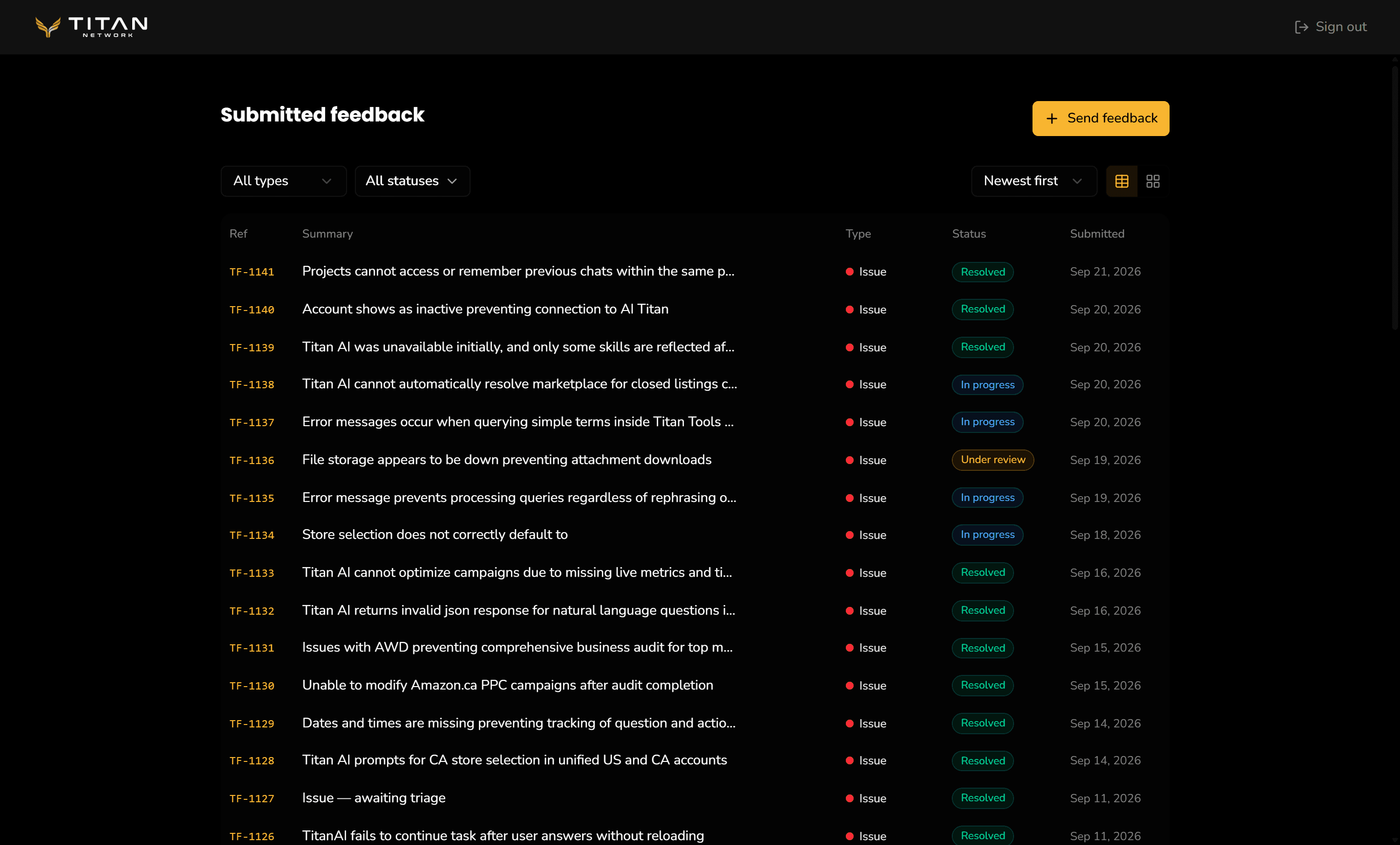 The Feedback page listing submissions by reference, with a short summary, type, status and submitted date on each row.