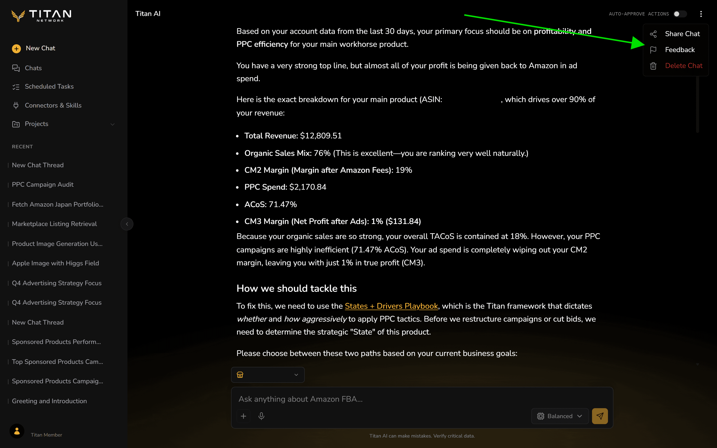 The chat menu open at the top right of a conversation, with an arrow pointing to Feedback between Share Chat and Delete Chat.