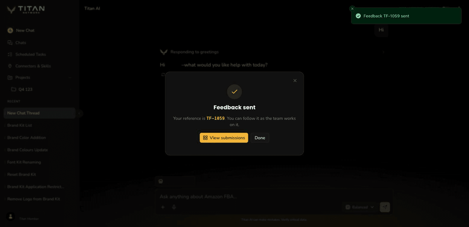 The Feedback sent confirmation over a conversation, showing the TF reference with View submissions and Done.