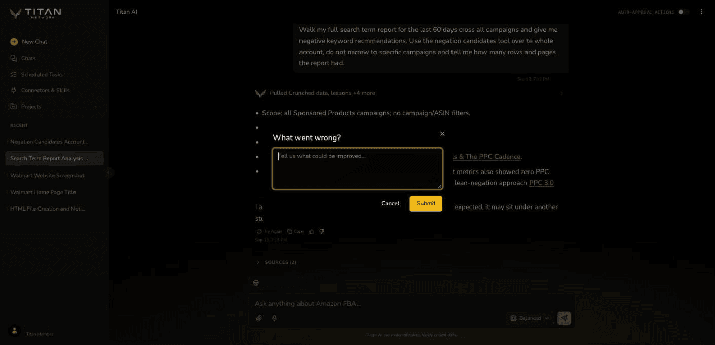 The What went wrong? box open over a conversation, with a text field and Cancel and Submit buttons.