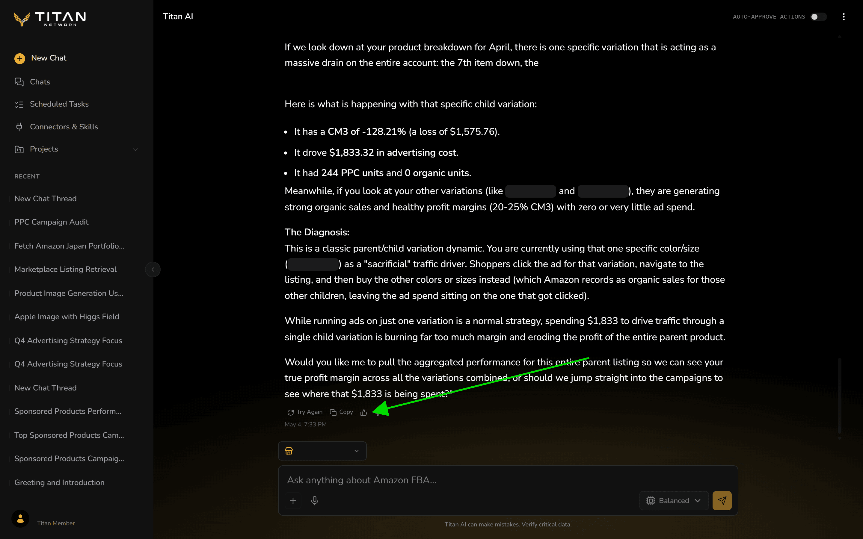 A Titan AI answer with an arrow pointing to the rating controls next to Try Again and Copy underneath it.