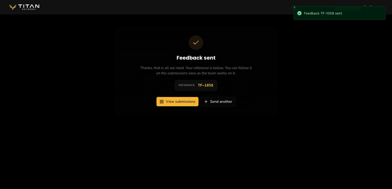 The Feedback sent confirmation showing the TF reference, with View submissions and Send another.