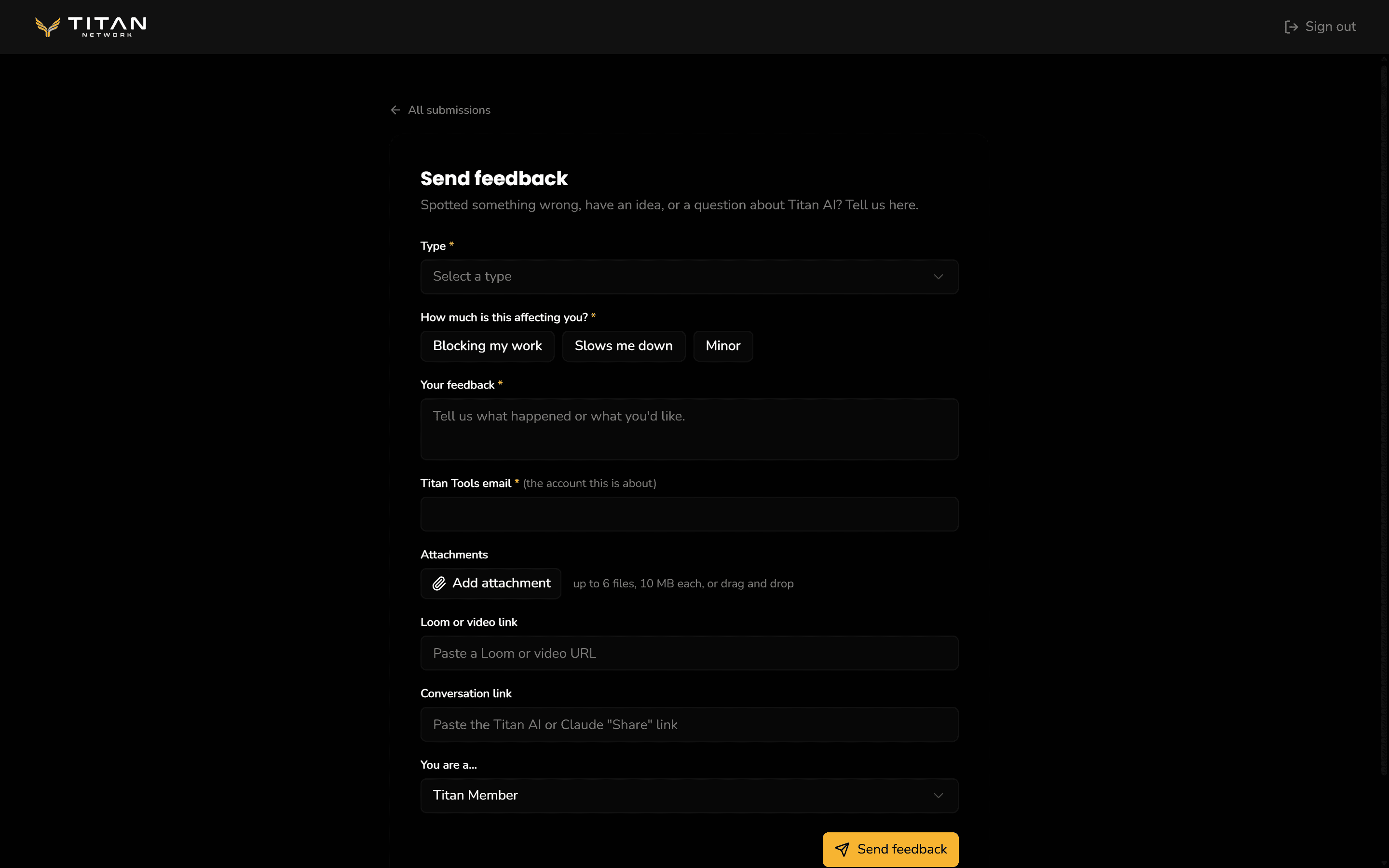 The Send feedback page with the Type list, the three impact choices, Your feedback, Titan Tools email and the other fields.