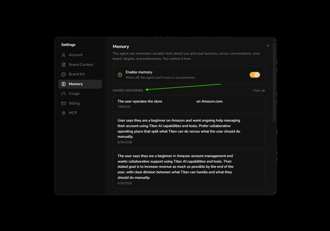The Memory panel in Settings, with an Enable memory switch at the top and a list of saved memories below it, each dated.