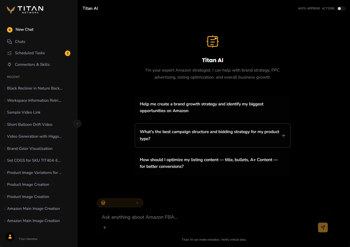The Titan AI app open on a new chat, with suggested questions about brand growth, campaign structure and listing content, and the store selector above the message box.