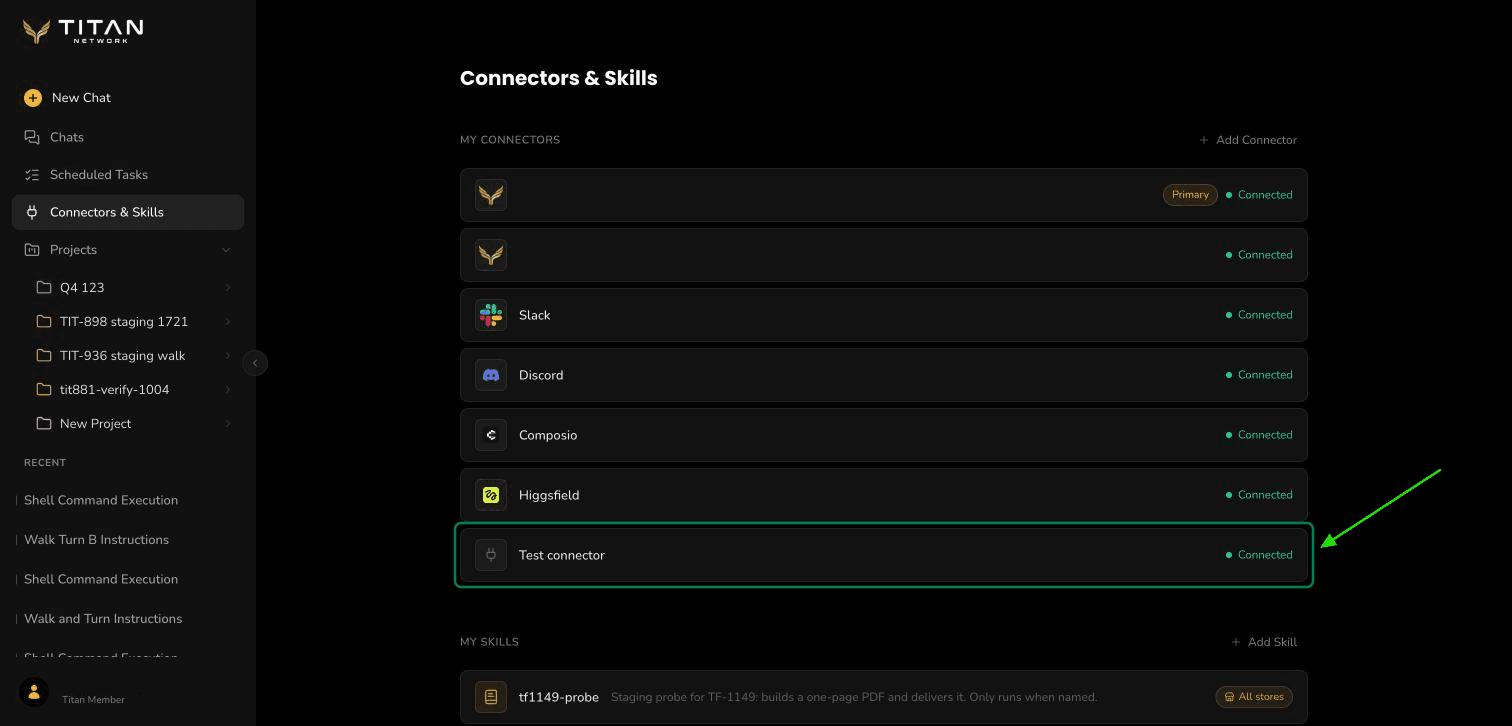 The Connectors & Skills page with My Connectors listed, and Test connector framed with an arrow pointing at it.