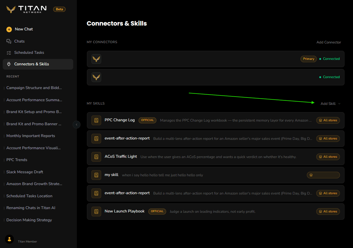 The Connectors and Skills page with the My Skills list and the Add Skill button highlighted.