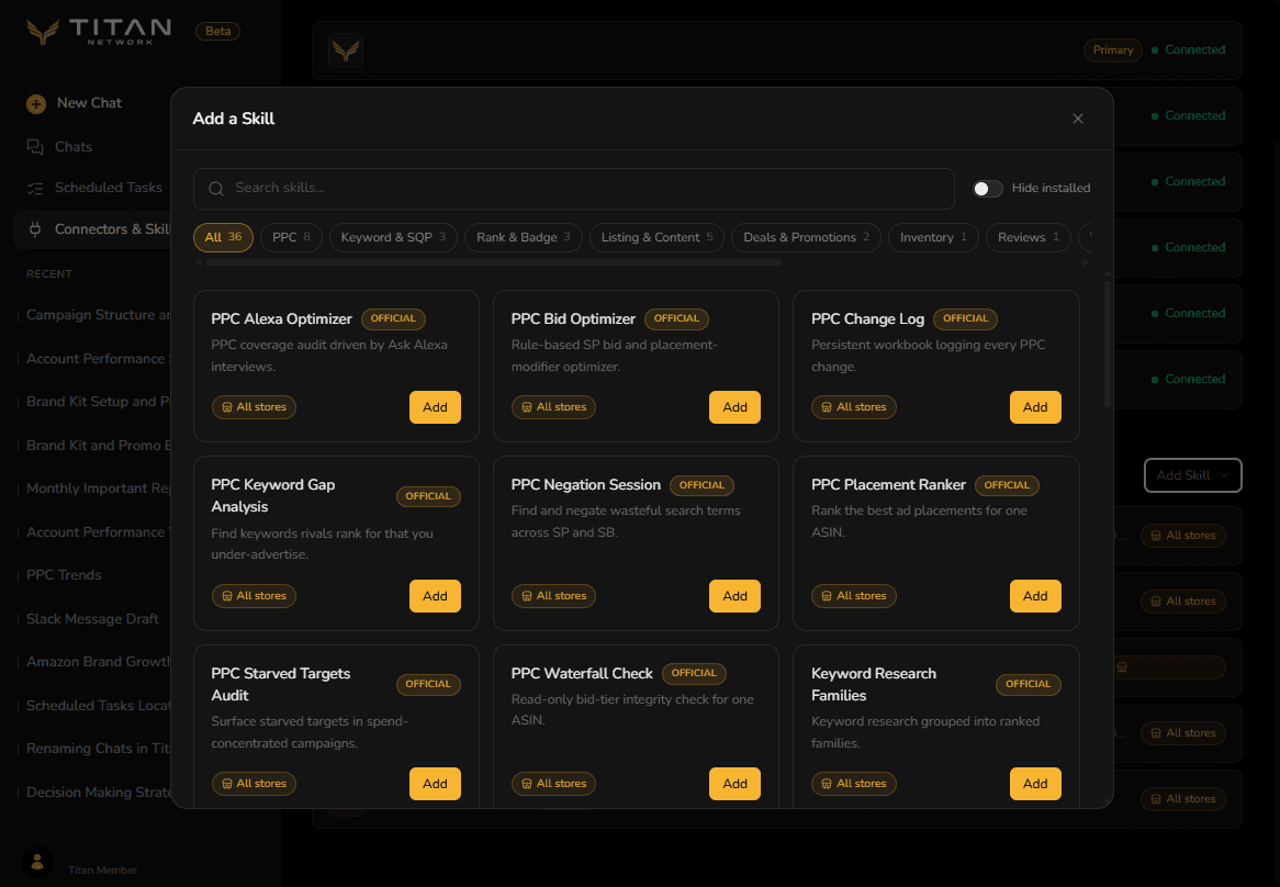 The Add a Skill gallery showing official skills with category filter pills, each skill with an Add button.