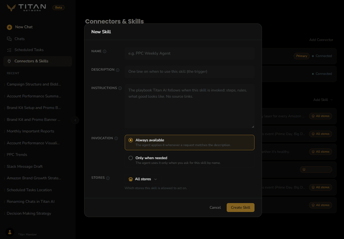 The New Skill dialog with Name, Description, Instructions, Invocation and Stores fields.