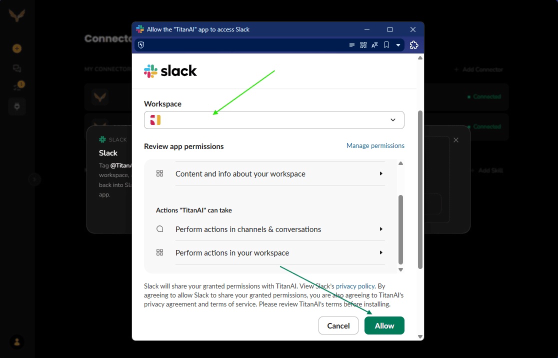Slack's own permission screen asking to allow the TitanAI app to access the workspace, with a workspace picker and an Allow button.