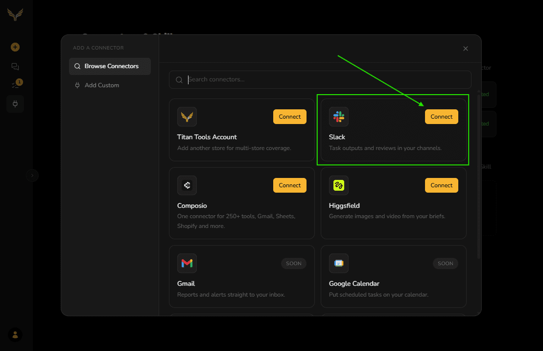 The Browse Connectors catalogue with the Slack entry highlighted.