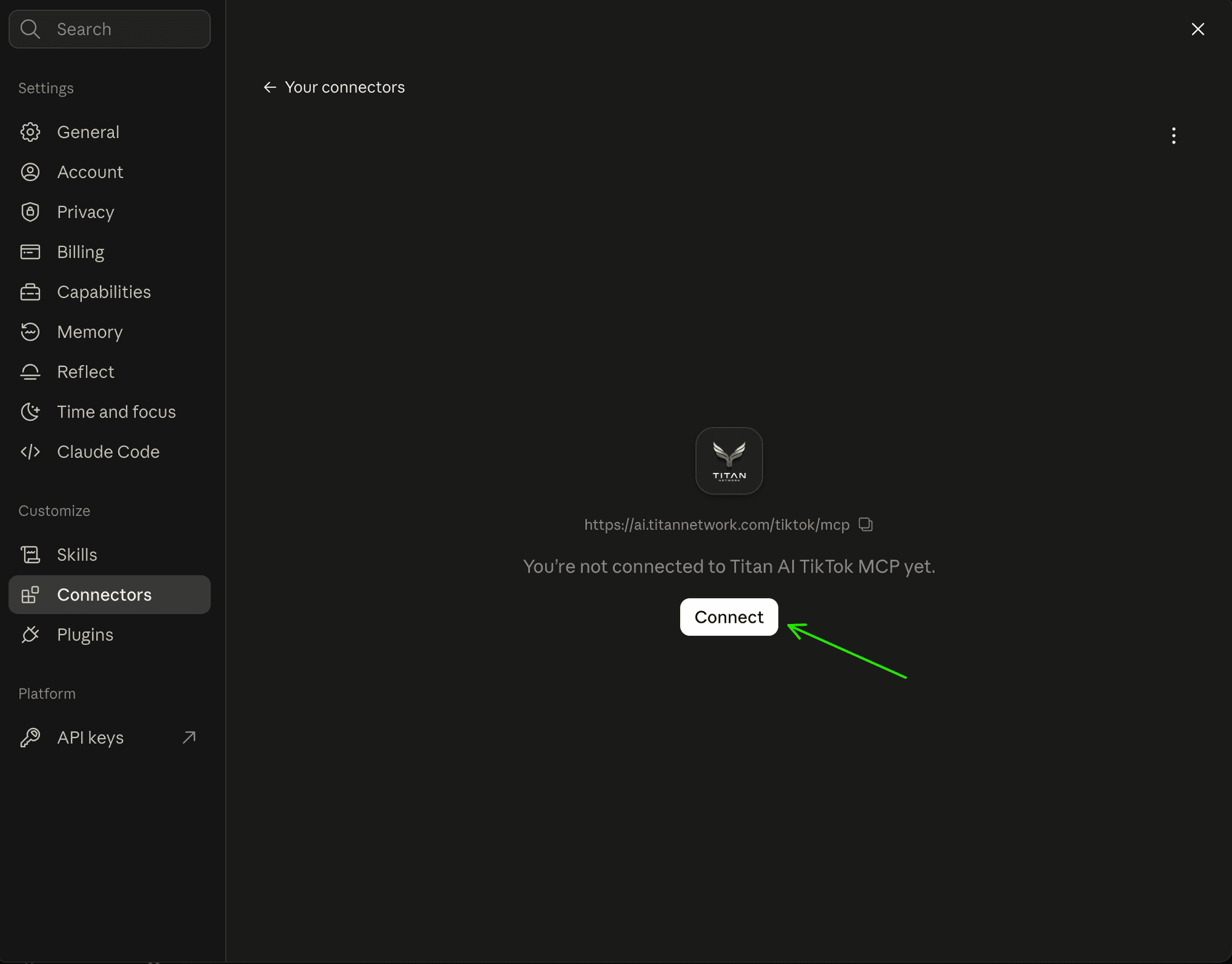 Claude's connector page saying you are not connected to Titan AI TikTok MCP yet, with an arrow on Connect.