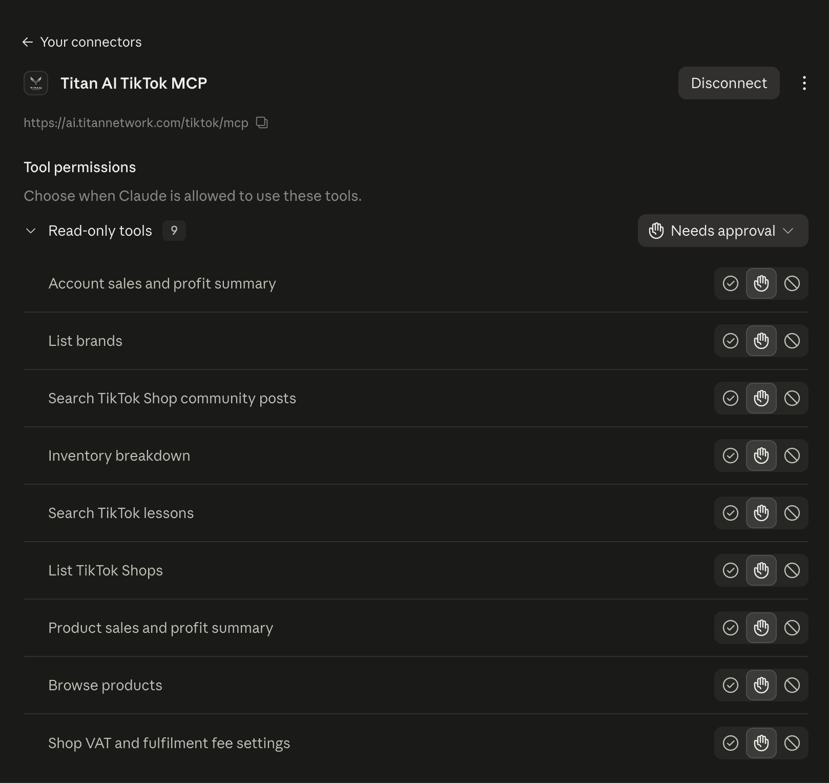 Claude's connector page for Titan AI TikTok MCP, connected, listing nine read-only tools.
