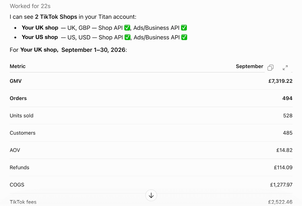 An answer listing two TikTok Shops, shown as Your UK shop and Your US shop, followed by a September summary table for the UK shop.