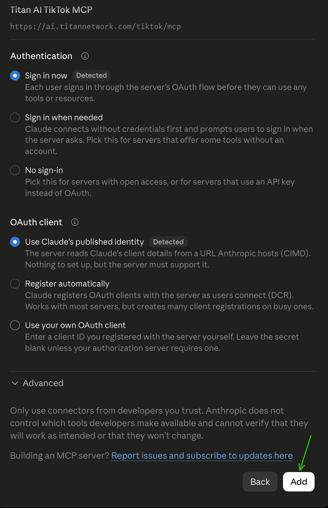 Claude's connector settings with Sign in now and Use Claude's published identity both marked Detected, and an arrow on Add.