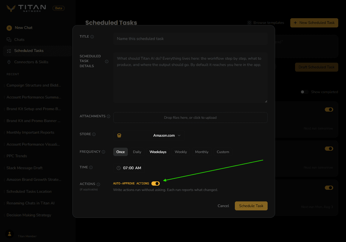 The scheduled task form with an arrow pointing at the Auto-approve actions toggle, switched on.