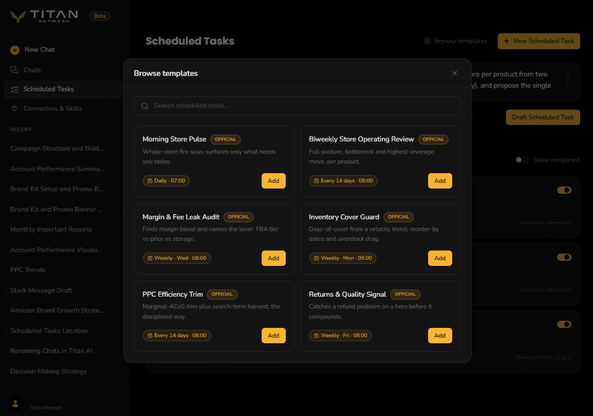 The Browse templates dialog listing all six official templates with their schedules and an Add button on each.